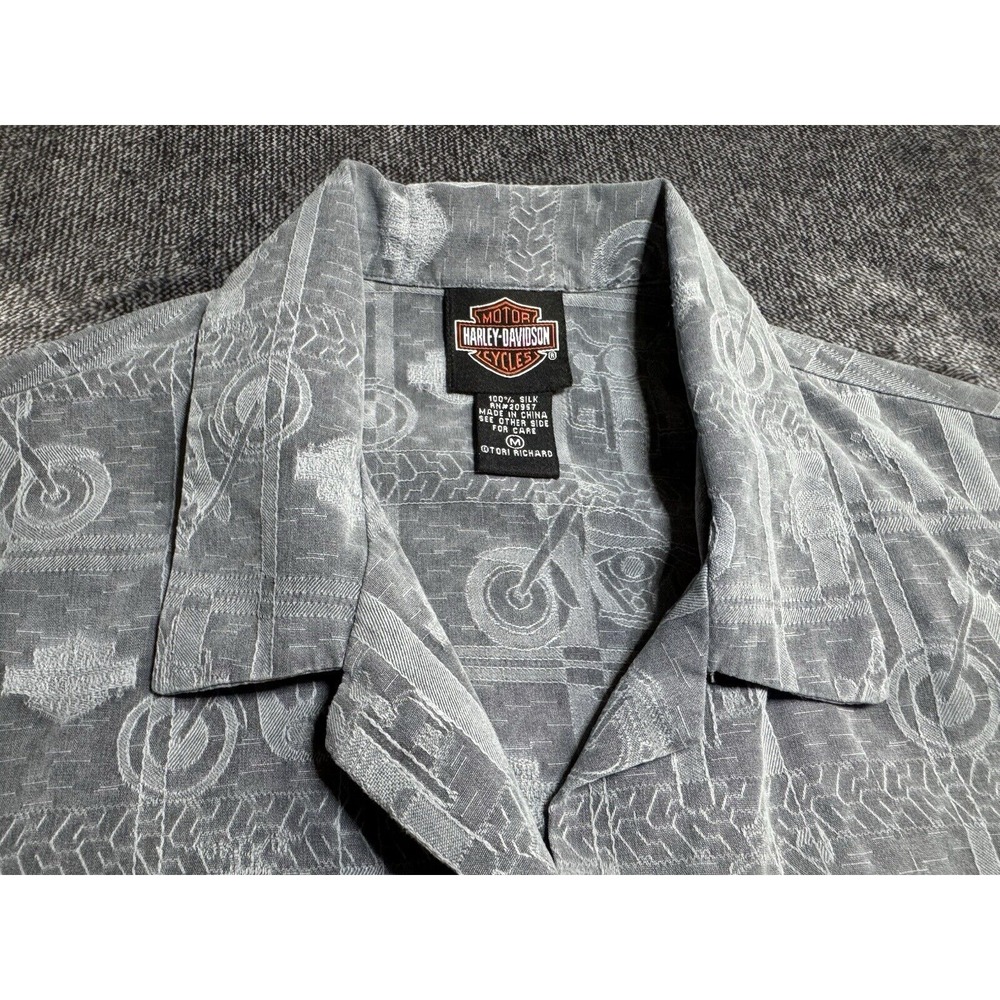 Harley Davidson Tori Richard Motorcycle Mens M 100% Silk Collared Shirt‎ Gray